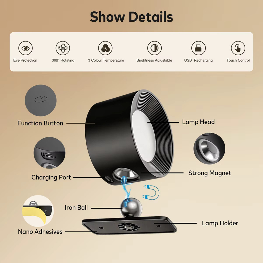 Kabellose magnetische LED-Wandleuchte in Schwarz mit Fernbedienung, dimmbar und wiederaufladbar, inklusive Timer-Funktion und 360 Grad Drehung für Schlafzimmer und Treppen - Bild 4