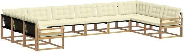 vidaXL Outdoor-Sofagarnitur 10-teilig in U-Form aus massivem Akazienholz mit Textilene und Kissen in Weiß und Beige - Bild 1