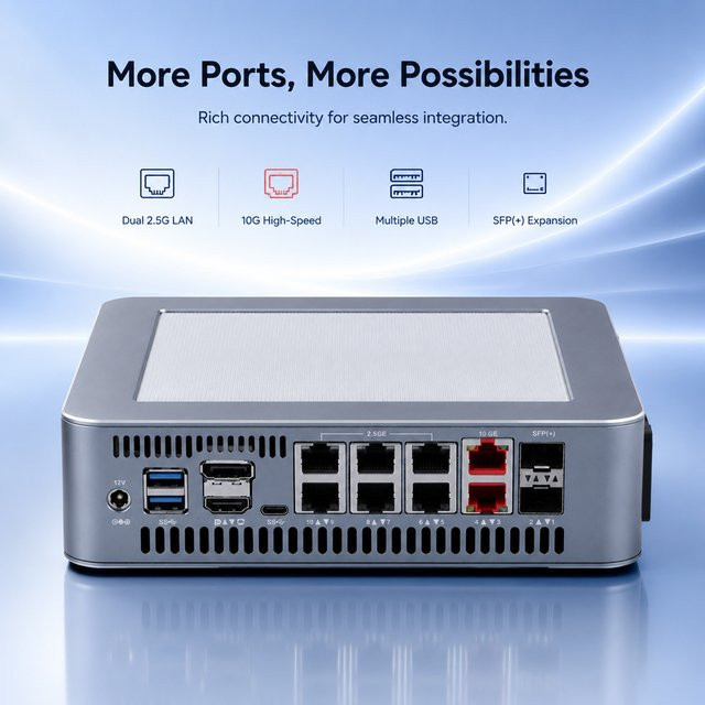 Qotom Q51551UT Mini-PC Firewall mit Dual X540 10G und X710-BM2 10G SFP+ Multi-LAN, 6x 2.5G Ethernet, Linux kompatibel, Schwarz oder Silber - Bild 1