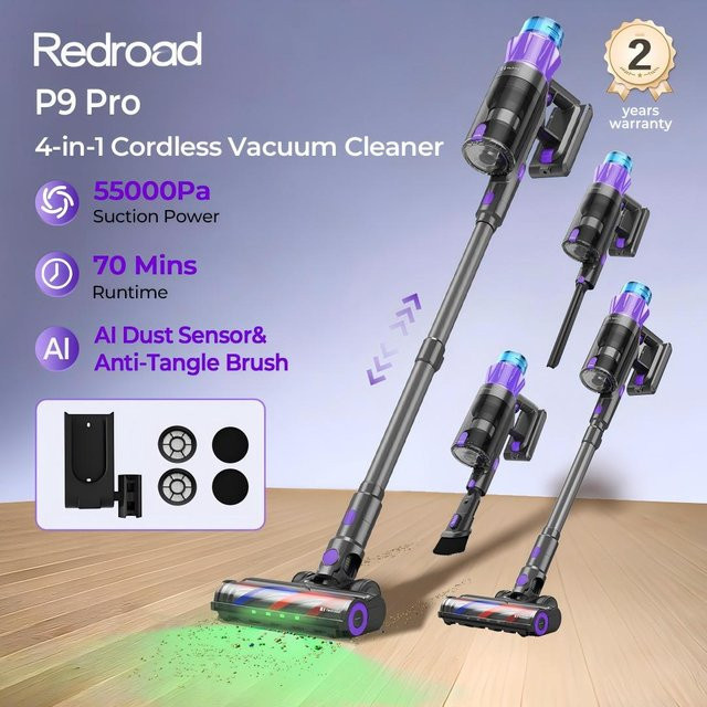 Redroad P9 Pro Akku-Staubsauger mit 550W und 55KPA Saugkraft für Tierhaare und Teppiche, beutellos, 70 Minuten Laufzeit - Bild 1