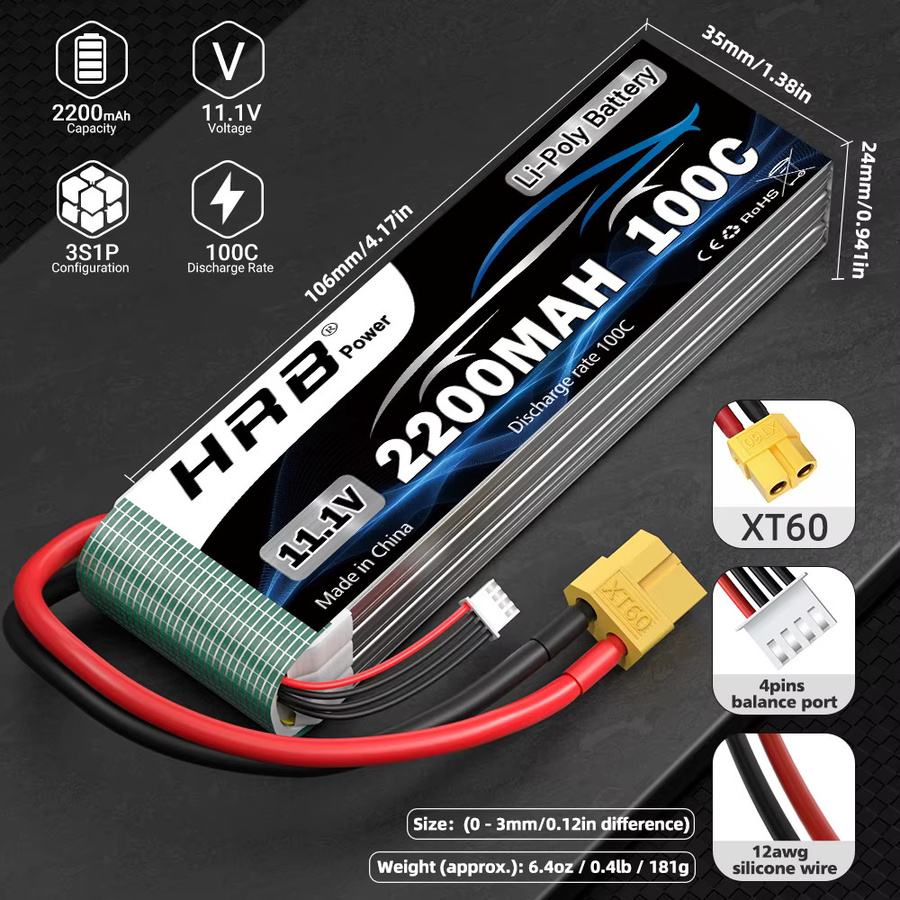 HRB 2 Stück Lipo-Akku 3S 2200mAh 100C mit XT60-Stecker für FPV-Drohnen, Flugzeuge, RC-Autos und Boote - Bild 7