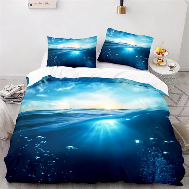 Nautisches Bettwäsche-Set Welle in Blau mit Bettbezug und Kissenbezug aus Polyester, B/H: 135 x 200 cm - Bild 1
