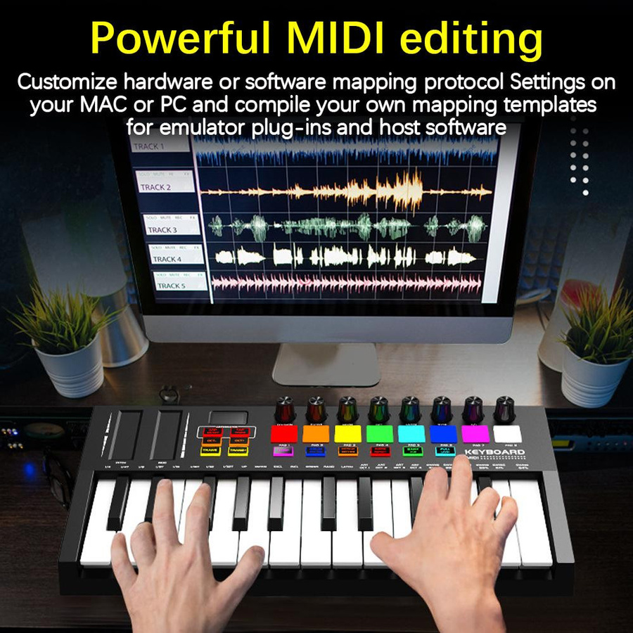 TOMTOP JMS 25-Tasten MIDI-Keyboard-Controller mit Bluetooth, professionelles elektronisches Audio-Arrangement, Schwarz, H x B x T: 3,5 x 34 x 17,8 cm - Bild 3