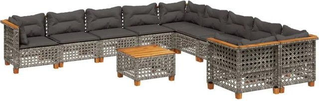 vidaXL 11-tlg Garten-Sofagarnitur aus Poly Rattan und Akazienholz in Grau mit Kissen Modell 92 - Bild 1