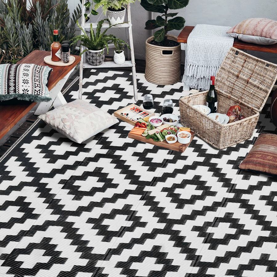 WESTTUNE Outdoor-Teppich in Schwarz, geometrisches Design, wasserdicht und wendbar, ideal für Garten, Terrasse und Camping - Bild 4
