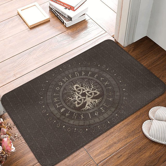 Flanell-Fußmatte Living Need F mit Nordischem Baum des Lebens und Wikinger-Runen-Design, braun, B/B: 60 x 40 cm - Bild 1