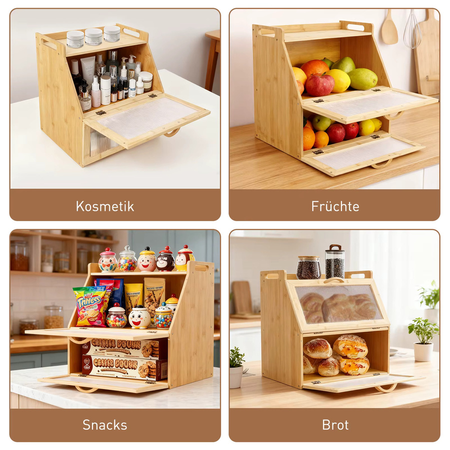 Doppelschichtige Holz-Brotbox im Landhausstil für deine Küchen-Aufbewahrung, Farbe: Braun/Gelb, B/T/H: 37,8 x 28,0 cm - Bild 3