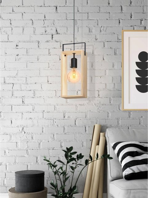 Eglo Hängeleuchte Famborough 1-flammig Schwarz-Natur Industrial Design mit Holz und Metall, E27 - Bild 1
