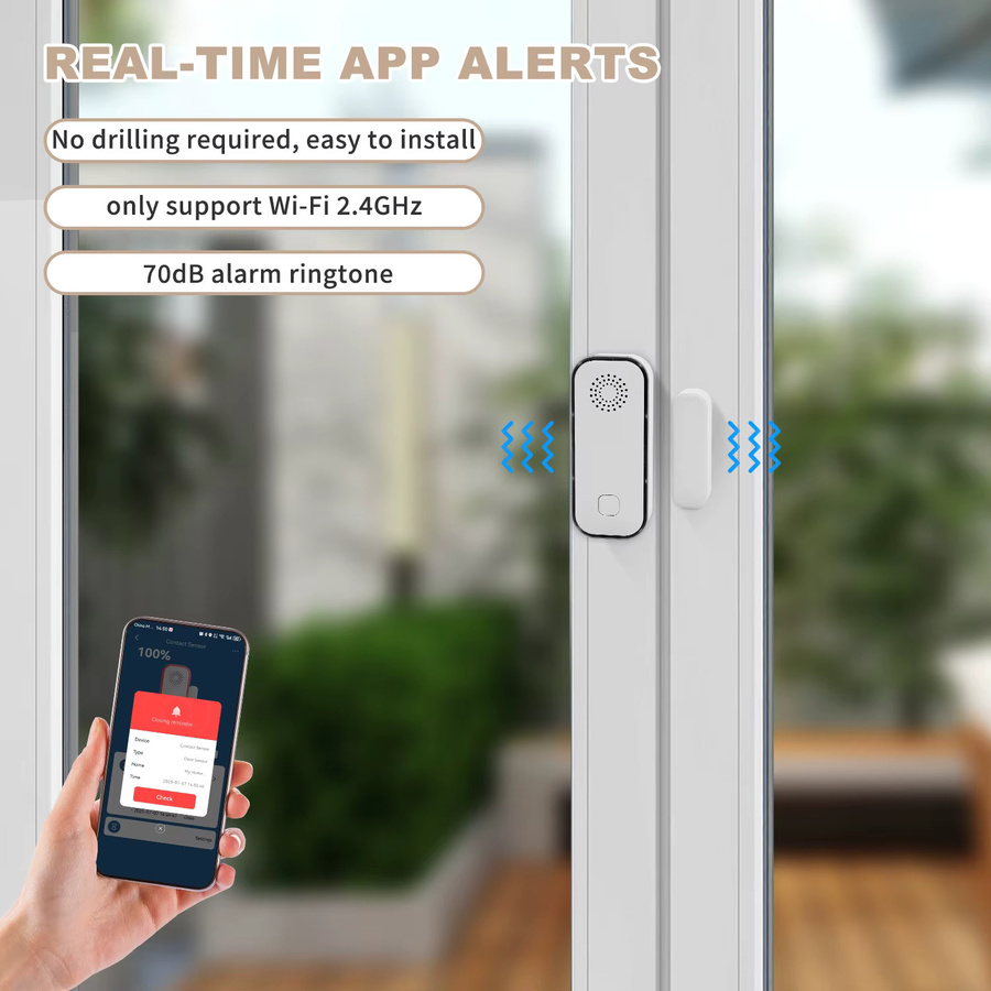 Tuya Smart WiFi Fenster-Vibrationsalarm mit App-Steuerung und Alexa/Google Home Kompatibilität, Weiß - Bild 2