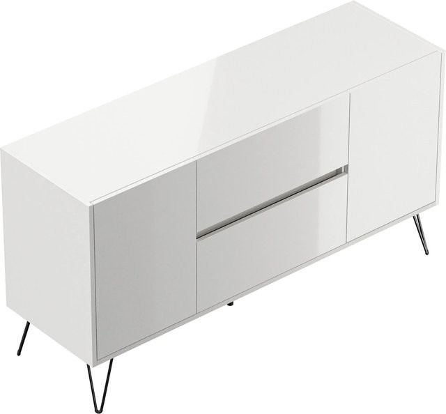 Posseik Sideboard Industrial mit 2 Schubladen und 2 Türen in Weiß Hochglanz, Breite: 139 cm - Bild 1