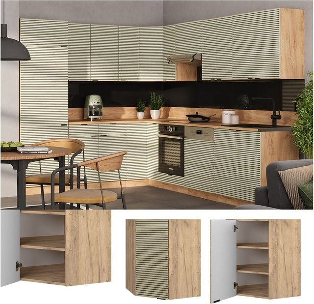 Vicco Eckhängeschrank Fame-Line Eiche gefräst mit Soft-Close-Scharnieren und Regalböden, Braun, Breite: 57 cm - Bild 1