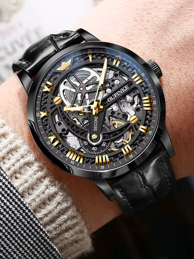 Oupinke Armbanduhr, Automatik, Leder, Saphirglas, Herren, Schwarz - Bild 7