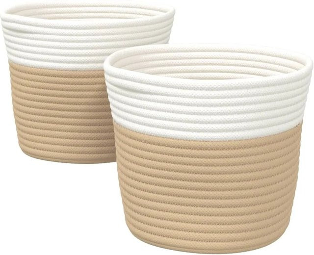 vidaXL Aufbewahrungskörbe aus Baumwolle 2er-Set in Beige und Weiß mit Griffen, Durchmesser: 24 cm, Höhe: 18 cm - Bild 1