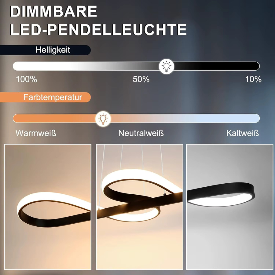 Moderne LED-Hängelampe in Schwarz aus Silikon und Aluminium mit Fernbedienung, 58 W, höhenverstellbar und dimmbar für Wohnzimmer, Esszimmer oder Büro - Bild 3