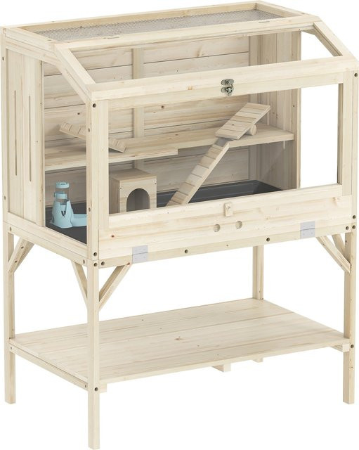 PawHut Hamsterkäfig aus Holz in Braun mit 2 Etagen, Laufrad, Hütte und Zubehör, B/T/H: 84 x 53 x 110 cm - Bild 1