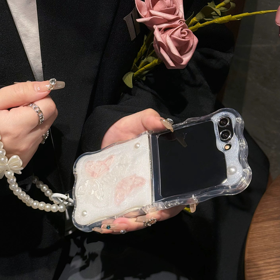 Schmetterling 3D Handyhülle mit Armband und Wellen-Design für Samsung Galaxy Z Flip 6, Z Flip 5, Z Flip 4 und Z Flip 3, stoßfeste Abdeckung mit Lanyard - Bild 4