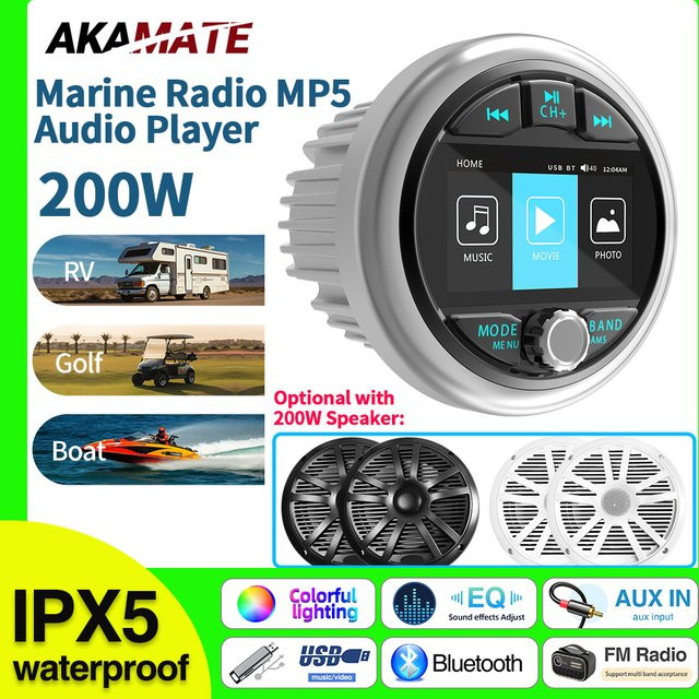 AKAMATE Marine Stereo MP5 Media Player mit Bluetooth, AM/FM RDS und AUX in Schwarz - Bild 1