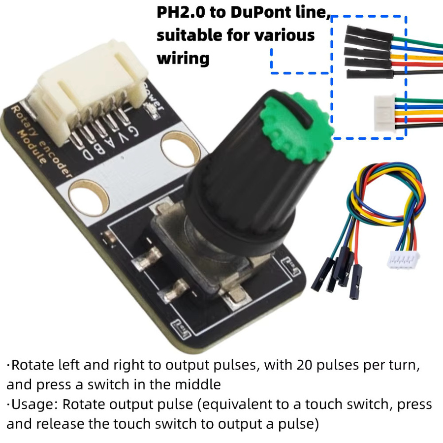 NullLab Drehgeber-Sensor mit AB-Phasen-Digitalimpulssignal, zentraler Drucktaste, Blockgehäuse und PH2.0-Schnittstelle für Arduino, Schwarz - Bild 5