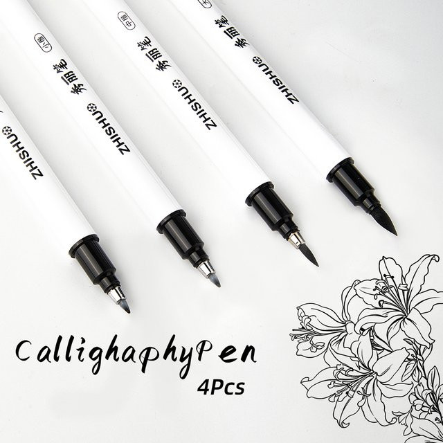 4-teiliges Kalligraphie-Stift-Set mit integrierter Pinselspitze und Tinte, wasserfest, weiß - Bild 1