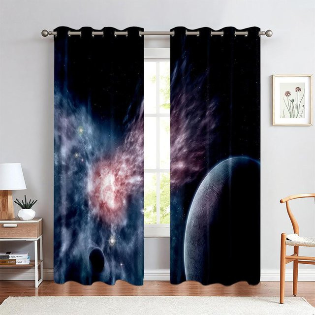 Yiran Furniture Vorhang Set mit Sternenhimmel-Motiv, Meteor und Planeten, halbtransparent, Mehrfarbig, Breite: 50 cm, Höhe: 60 cm, 2 Stück - Bild 1