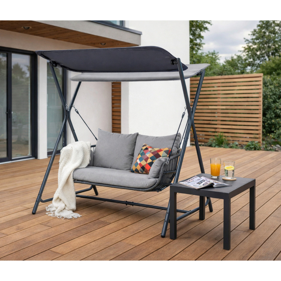 Leco Hollywoodschaukel Marie mit Sonnendach und Kissen, Anthrazit/Grau, B/T/H: 130 x 220 x 173 cm - Bild 4