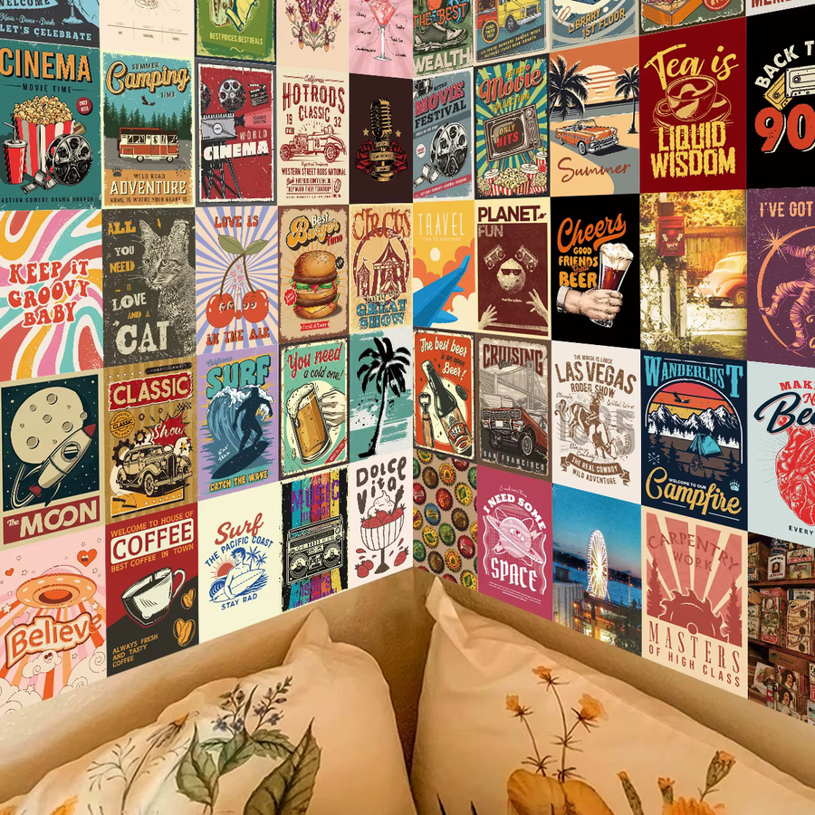 50 Stück Vintage Wandpostkarten mit Aufklebern im Retro-Stil mit Film, Surf und Camping Motiven in Mehrfarbig - Bild 4