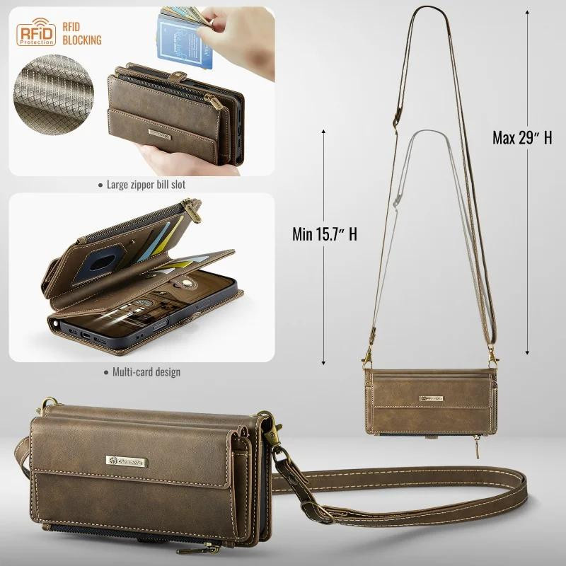 CaseMe Crossbody Handyhülle aus Leder mit Lanyard und Reißverschluss Geldbörse für iPhone Modelle in Schwarz, Braun, Lila oder Rosa - Bild 1