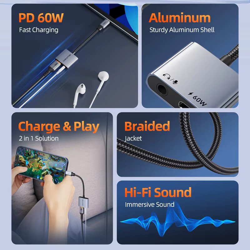 CABLETIME 2-in-1 USB-C Audio-Hub-Adapter mit 3,5mm Klinke und 60W PD Schnellladegerät für Hi-Fi-Audio - Bild 2
