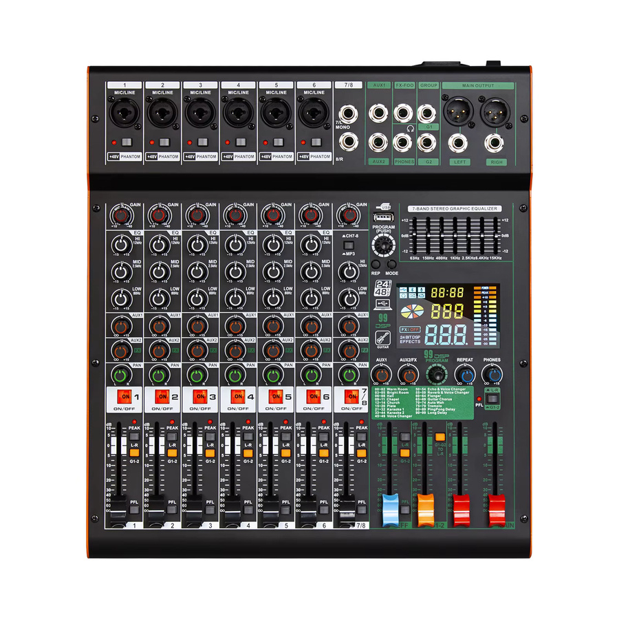 Depusheng TG8 Professioneller Audio-Mixer mit 99 DSP, 8 Kanälen, Dual Group und 48 V Phantomspeisung in Schwarz mit USB-Anschluss - Bild 2