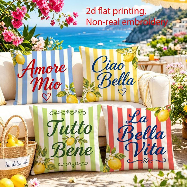4er-Set Ciao Bella Kissenhüllen mit italienischem Streifenmuster, Dekorative Kissenbezüge für Terrasse und Wohnbereich, B/B: 60 x 60 cm, Mehrfarbig - Bild 1