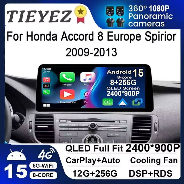 TIEYEZ Android 15 Multimedia-Player mit 12,3 Zoll Display für Honda Accord 8 Spirior und Acura TSX 2009-2013, GPS und Carplay, Schwarz - Bild 1