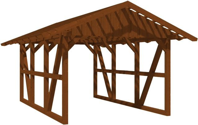Skan Holz Carport Schwarzwald mit Satteldach und Dachlattung aus Fichtenholz in Nussbaum Braun, Breite: 424 cm, Tiefe: 600 cm - Bild 1