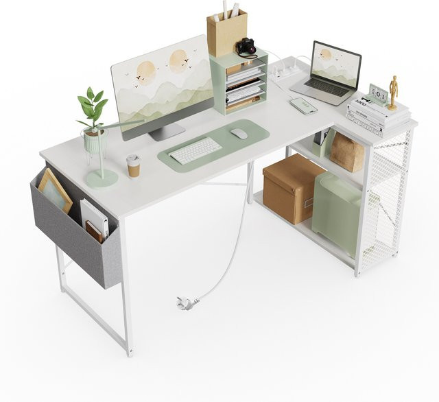 Fangde L-förmiger Gaming-Schreibtisch mit Monitorablage, Steckdose und USB-Anschluss, B/T/H: 120 x 70 x 75 cm, Schwarz/Weiß/Braun - Bild 1