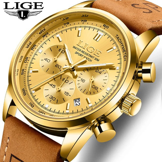 LIGE Armbanduhr Chronograph, Quarz, Leder, Blau, Gold, Herren - Bild 1