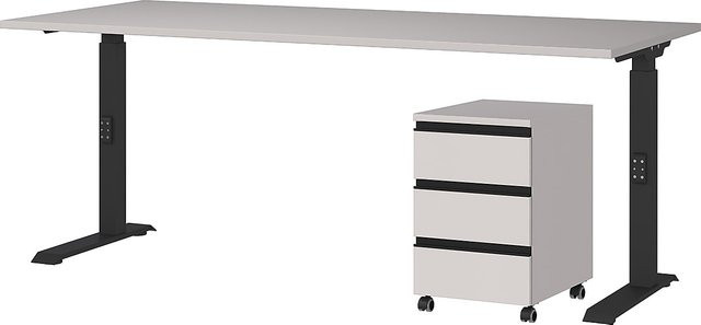 KADIMA DESIGN Büromöbel Set 2-teilig mit höhenverstellbarem Schreibtisch und Rollcontainer in Greige/Schwarz, Schreibtisch B: 180 cm, T: 80 cm, Höhe: 68-91 cm - Bild 1