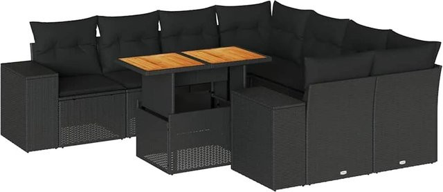 vidaXL 9-teilige Garten-Sofagarnitur aus Poly-Rattan und Akazienholz in Schwarz mit Kissen - Bild 1