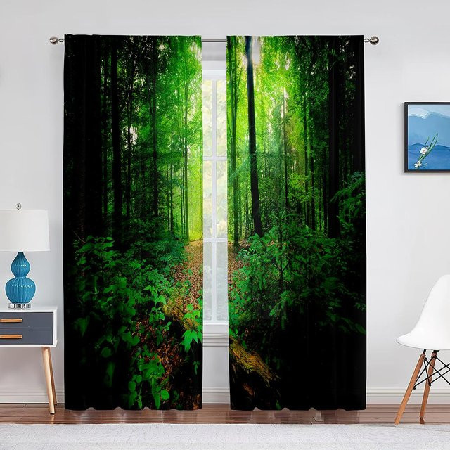 Binchi Outdoor Equipment Tüllvorhang mit Wald- und Naturmotiv, transparent grün, Breite: 100 cm, Höhe: 250 cm - Bild 1