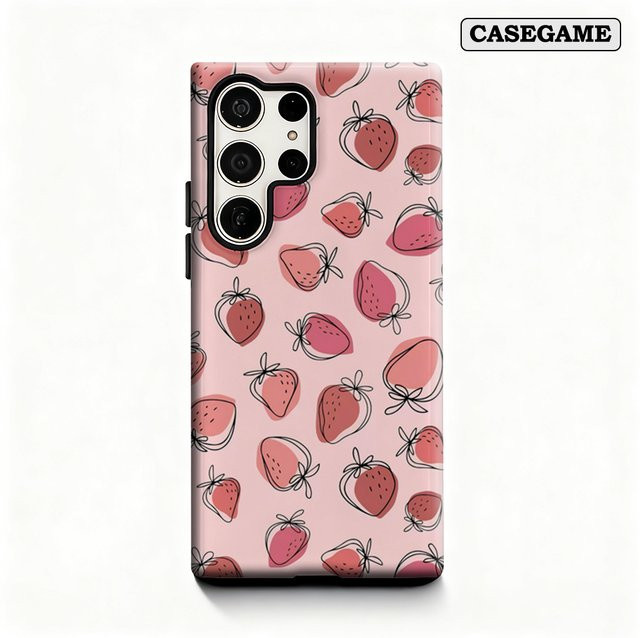 Stoßfeste doppellagige Handyhülle mit Erdbeer-Line-Art für Samsung Galaxy S25 Ultra, S24 und S23 Ultra Plus in Pink - Bild 1