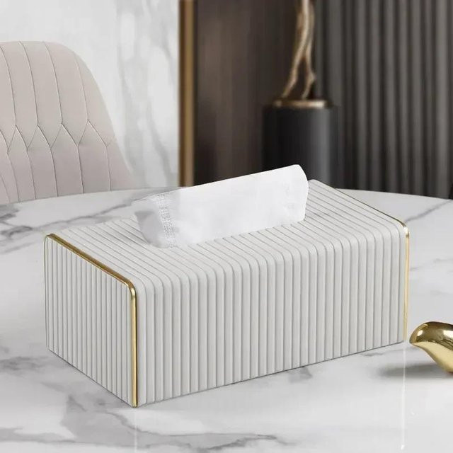 Home Decoraction Luxuriöse Taschentuchbox aus Leder und Holz in Weiß, rechteckiger Taschentuchhalter im europäischen Stil für Wohnzimmer und Hotel, B/T/H: 19,0 x 12,0 x 10,0 cm - Bild 1
