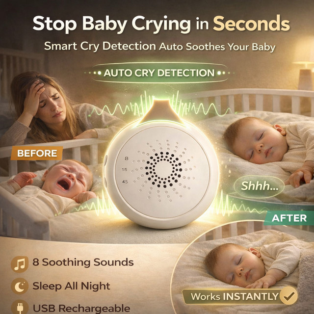 ZUNIQO Baby White Noise Maschine mit Schrei-Erkennung in Weiß, tragbare Schlafhilfe für Neugeborene mit 8 Geräuschen und USB-Wiederaufladung - Bild 1