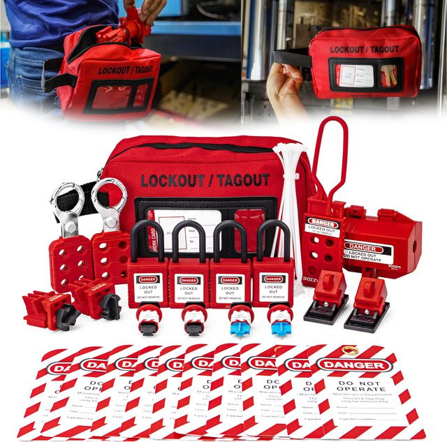 BOZZYS Elektrisches Lockout-Tagout-Schloss-Set in Rot mit Vorhängeschloss, Haspen, Leistungsschalter- und Stecker-Verriegelungsvorrichtung sowie Tagout-Etiketten - Bild 1