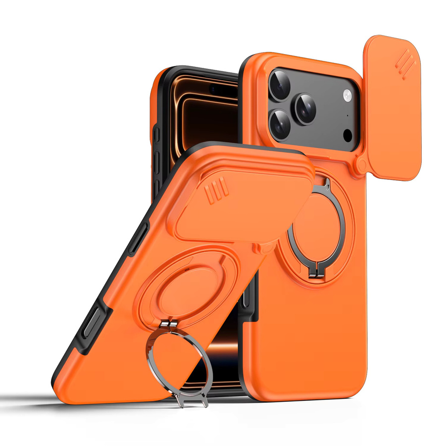 Eurynome Kamera-Schiebehülle für iPhone 12 bis 17 Pro Max, stoßfeste Panzerhülle mit magnetischem Ringhalter aus Hartplastik und TPU, Farben: Schwarz und Orange - Bild 5