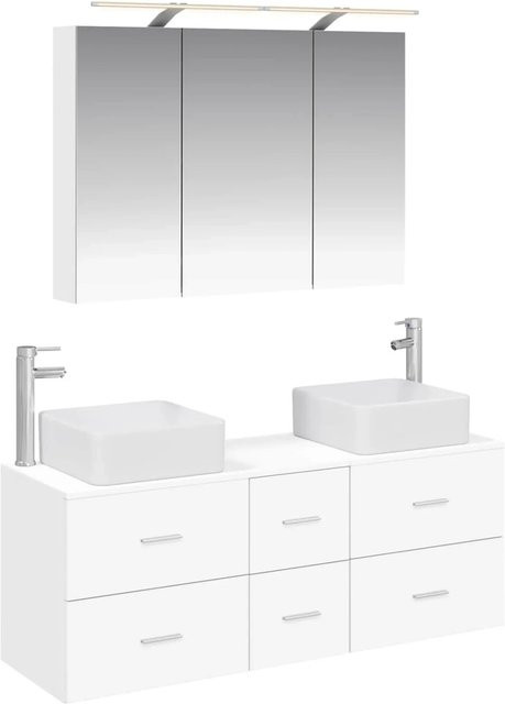 vidaXL 4-tlg. Badezimmermöbel-Set in Weiß, modern mit Spiegelschrank, Wandschrank, Glas und LED-Beleuchtung - Bild 1