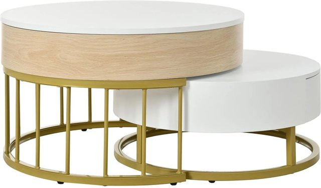 okwish Couchtisch Kombination aus zwei runden Tischen in Weiß und Gold mit höhenverstellbaren Tischplatten - Bild 1