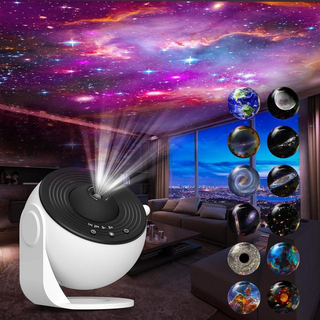 GHUSTAR HD Galaxy-Projektor mit 12 Filmscheiben, Sternenprojektor mit Timer und 360 Grad Drehung, Farbe: Weiß - Bild 1