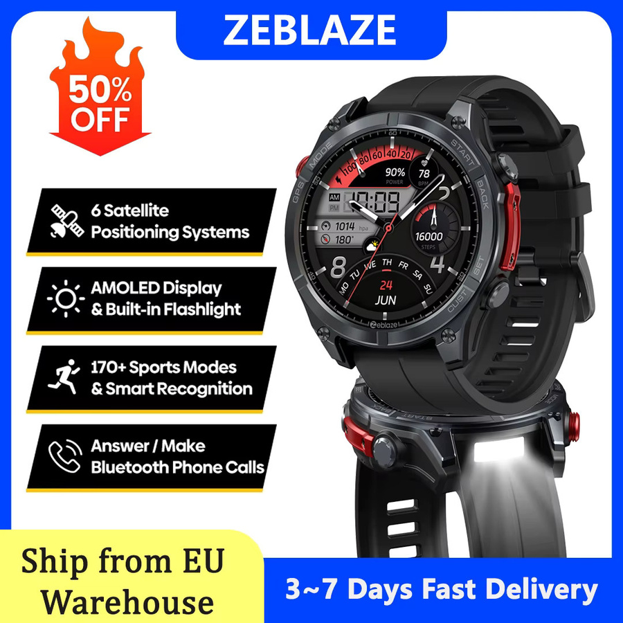 Zeblaze Stratos 4 GPS-Smartwatch mit 1,43-Zoll-AMOLED-Display in Schwarz, integriertem Kompass, barometrischem Höhenmesser, Taschenlampe und Sprachanruf-Funktion, 5 ATM wasserdicht - Bild 2