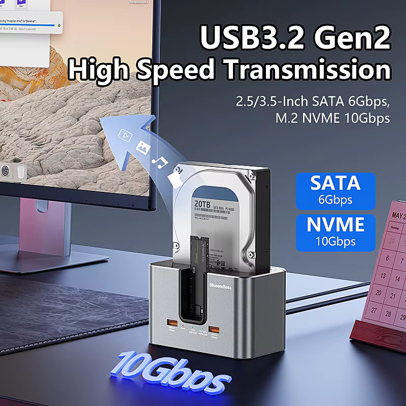 Blueendless SSD HDD Dockingstation in Silber mit USB 3.2 Hub für M.2 NVMe, M.2 SATA sowie 2,5 und 3,5 Zoll SATA Festplatten und USB-C Anschluss - Bild 2