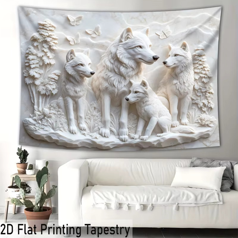 VIKAMA Harmonischer Wolfpack Wandteppich mit Wolf-Motiv in Weiß, HD-gedruckter Wandbehang für Wohnzimmer und Schlafzimmer - Bild 3