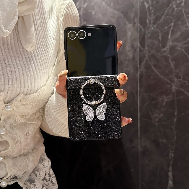 Glitzer-Diamant-Schmetterling Handyhülle mit Ringständer für Samsung Z Flip7 FE, Z Flip7, Z Flip6 und Z Flip5 in Schwarz - Bild 1