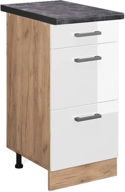 Vicco Küchenunterschrank R-Line in Weiß Hochglanz und Goldkraft Eiche mit Schubladen in Anthrazit, Breite: 40 cm, Höhe: 60 cm, Tiefe: 55 cm - Bild 1